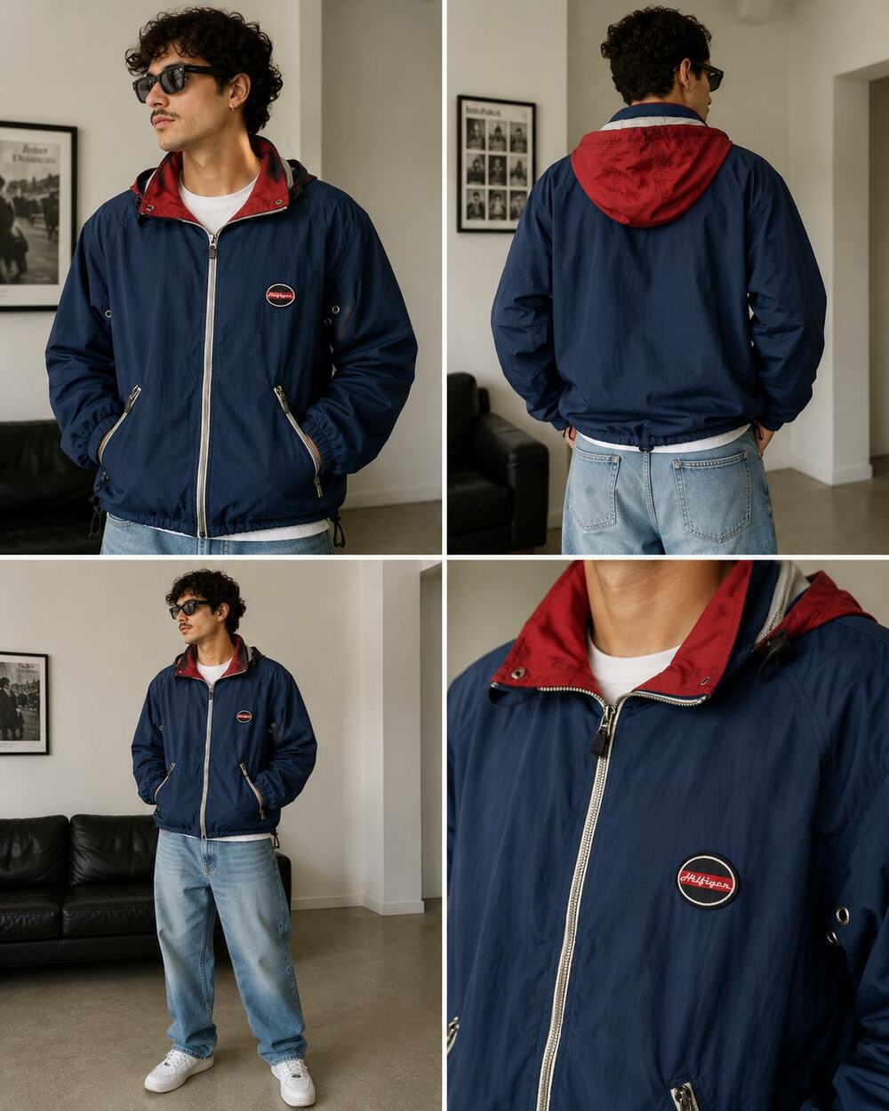 Tommy Hilfiger Vintage Hooded Windbreaker Jacket Men's M Navy Red Y2K Gorpcore
